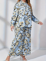  Floral Print Lantern Sleeve Blouse & Wide Leg Pants Set