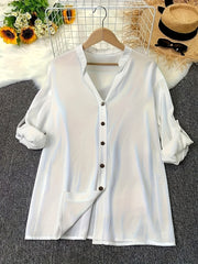  Casual Button Up Roll Sleeve Blouse
