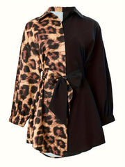  Colorblock Leopard Print Long Sleeve Button Up Tunic Shirt Top