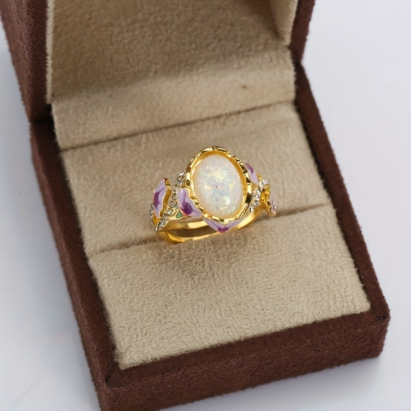 Flower Ring 14k Plated Zircon Inlaid Opal Egg Shape Center