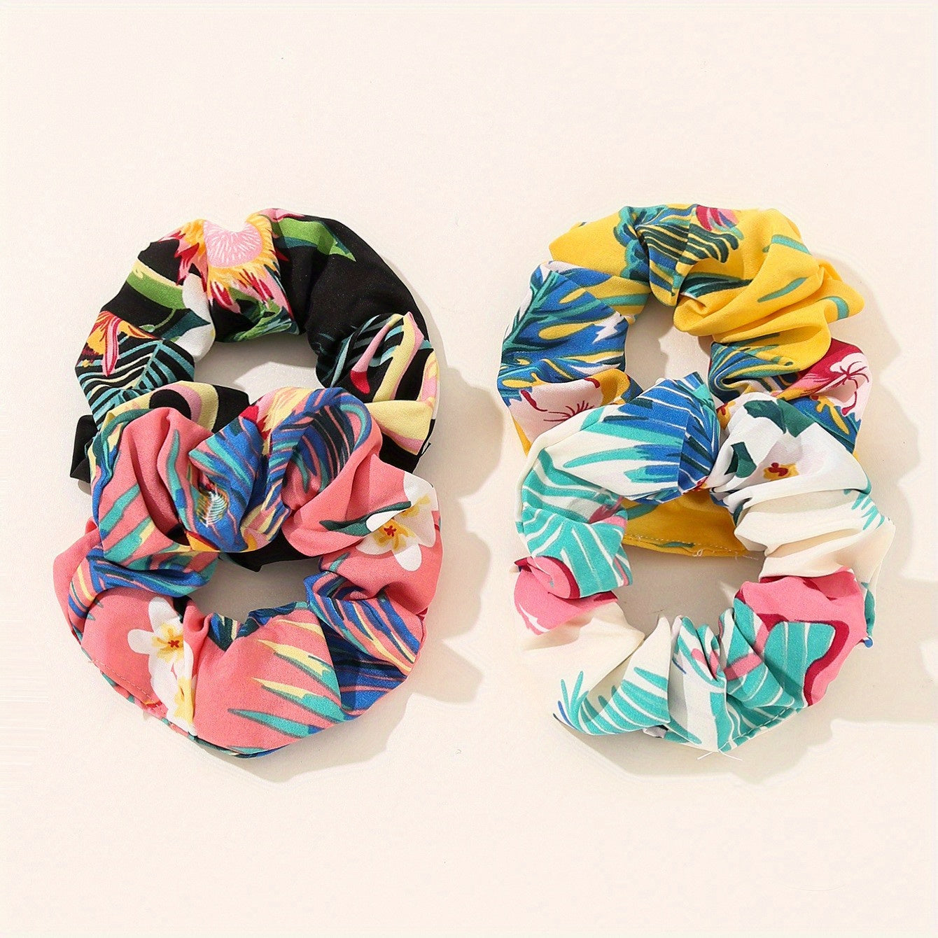 4pcs Boho Print Leaf Flower Hair Scrunchies Soft Fabric for Women Girls