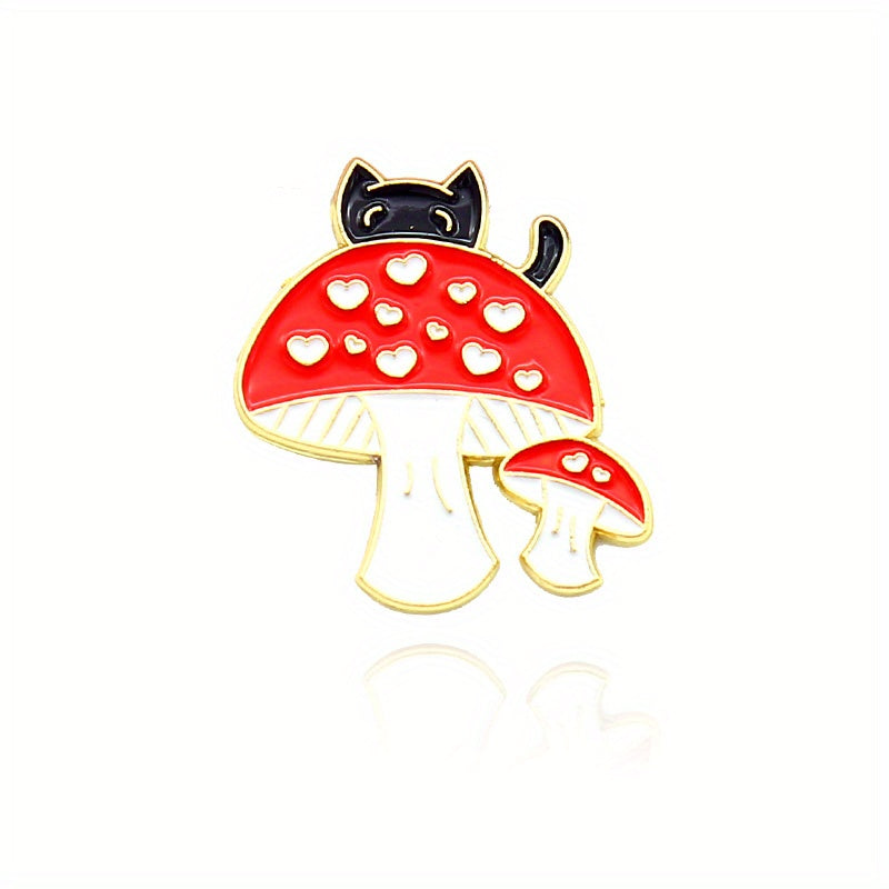 Cat Red Heart Mushroom Brooch
