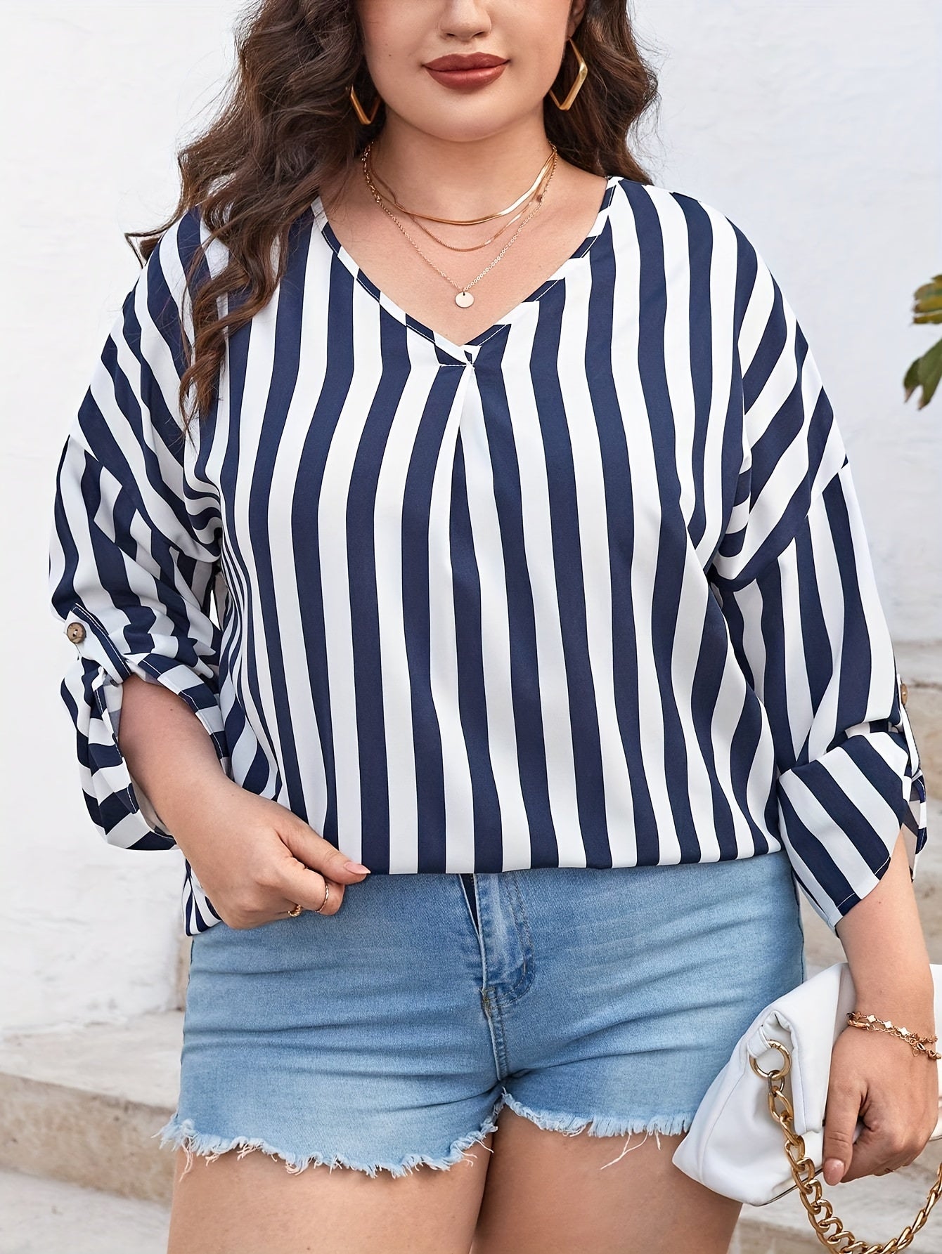  Stripe Print V Neck Blouse
