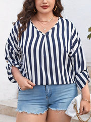  Stripe Print V Neck Blouse