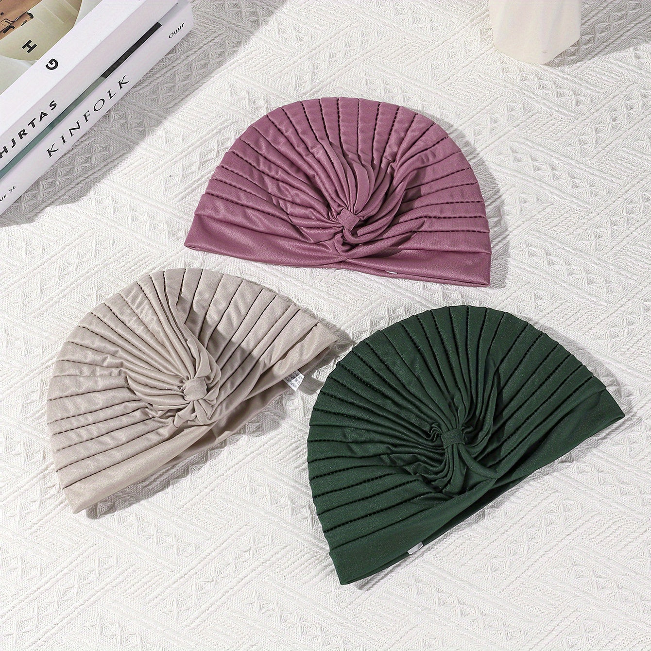 3pcs Set Satin Pleated Turban Cap Solid Head Wraps Elastic Bonnet Head Scarf