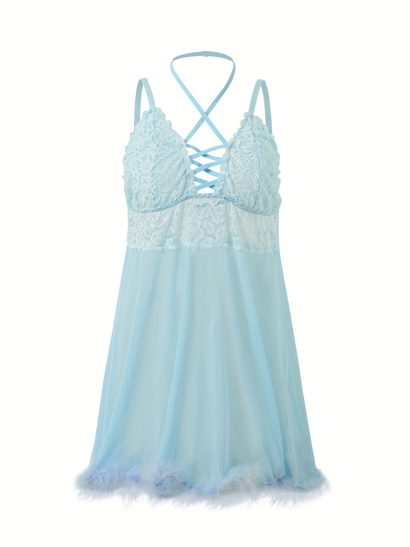  Plush Trim Cross Neck Lace Babydoll Dress Women's Semi Sheer Sexy Cost