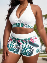  Tropical Print Bikini Set Halter Top & Shorts Swimsuit