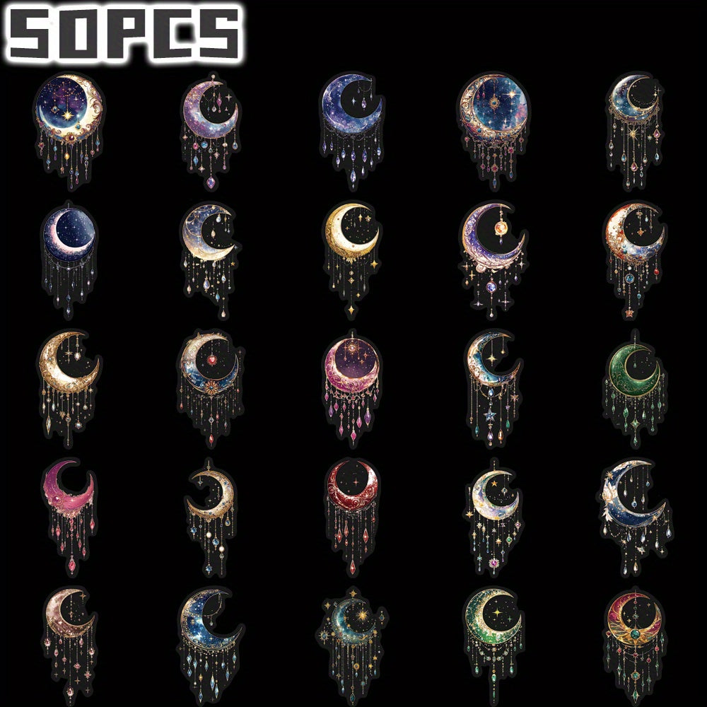 50pcs Crescent Moon Stickers with Stars Gemstones & Glitter for Laptops Water
