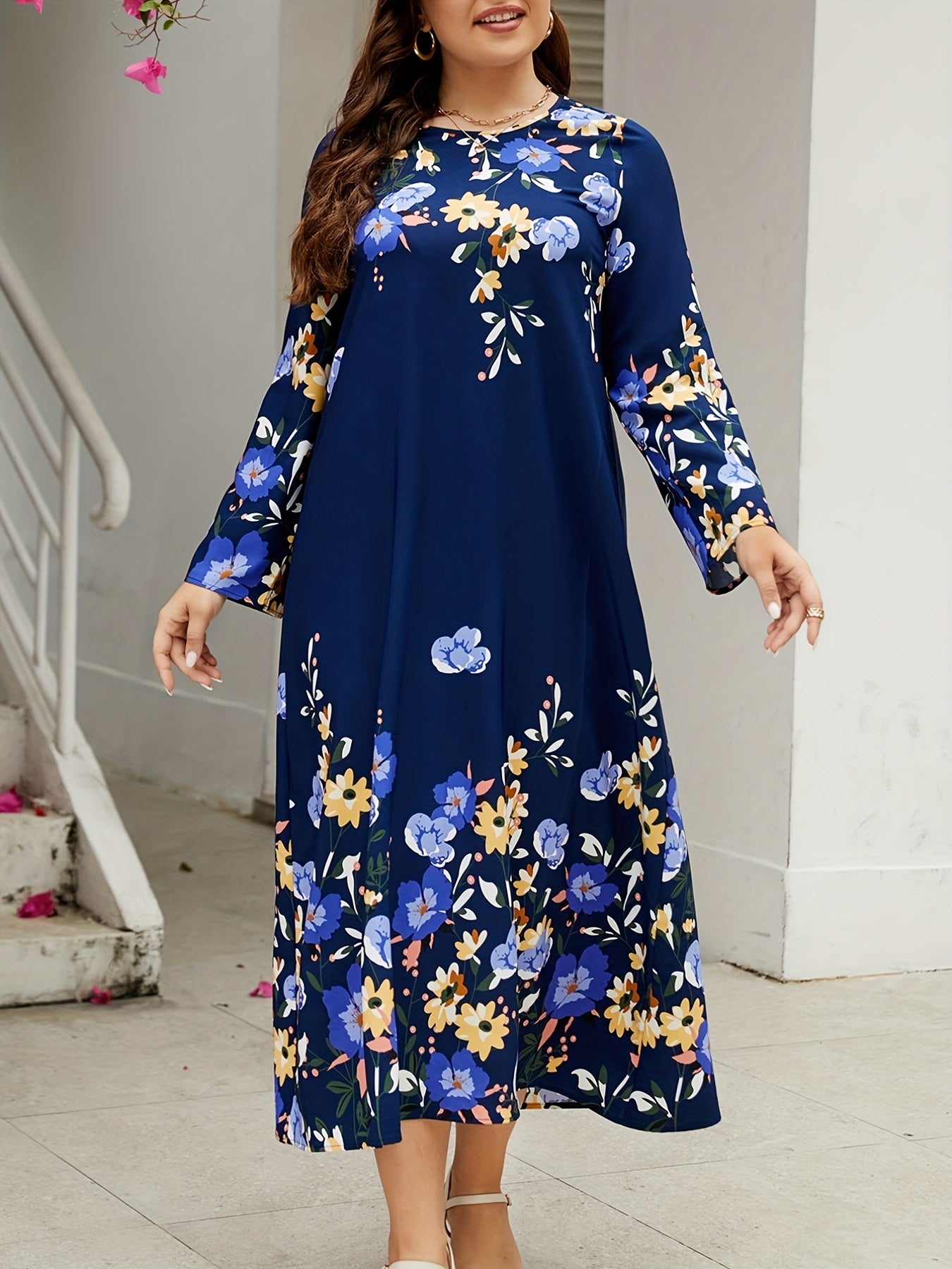  Floral Print Long Sleeve Maxi Dress