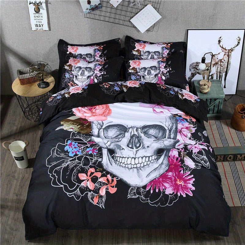 3D Skull Floral Print Duvet Cover Set Soft Comfortable Bedding Set