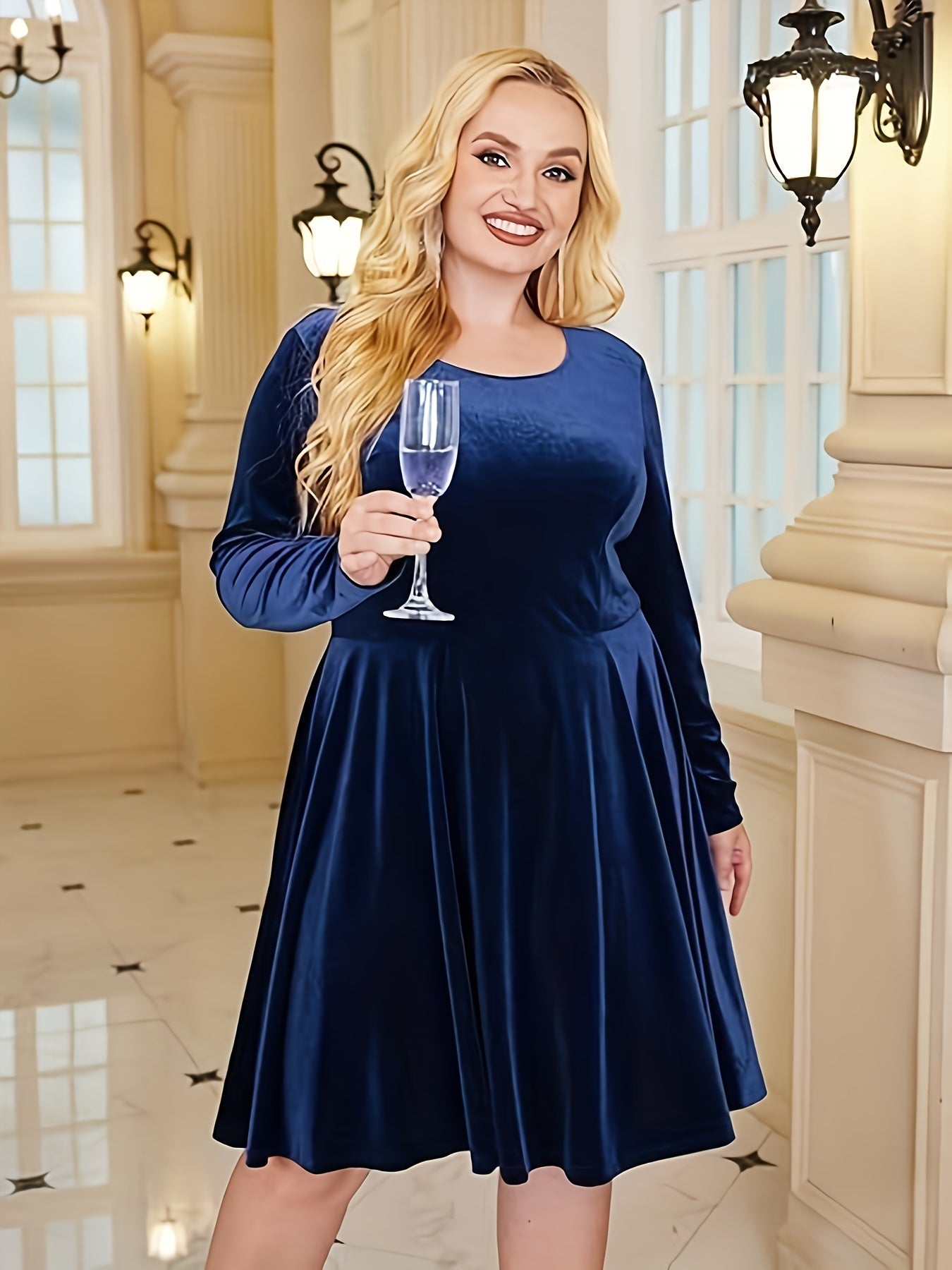 Women's Plus Velvet Long Sleeve Party Dress