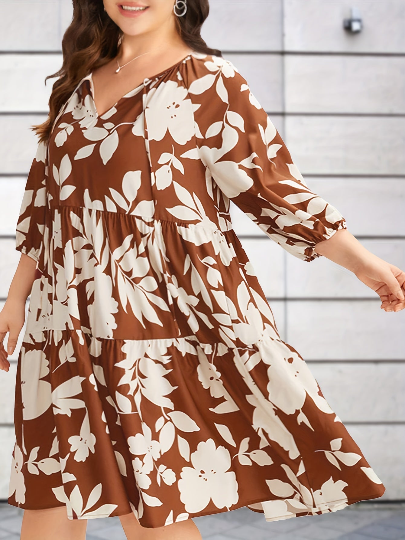  Floral Print Loose Fit Smock Mini Dress