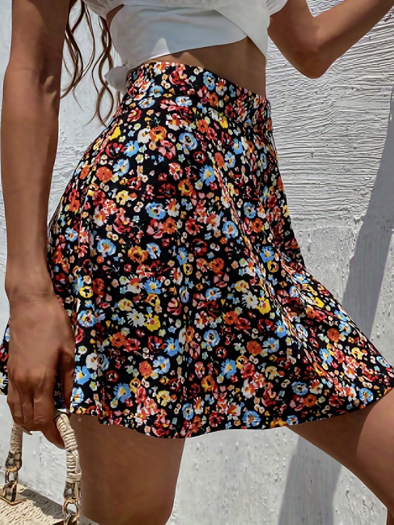  Ditsy Floral Print High Rise A line Mini Skirt