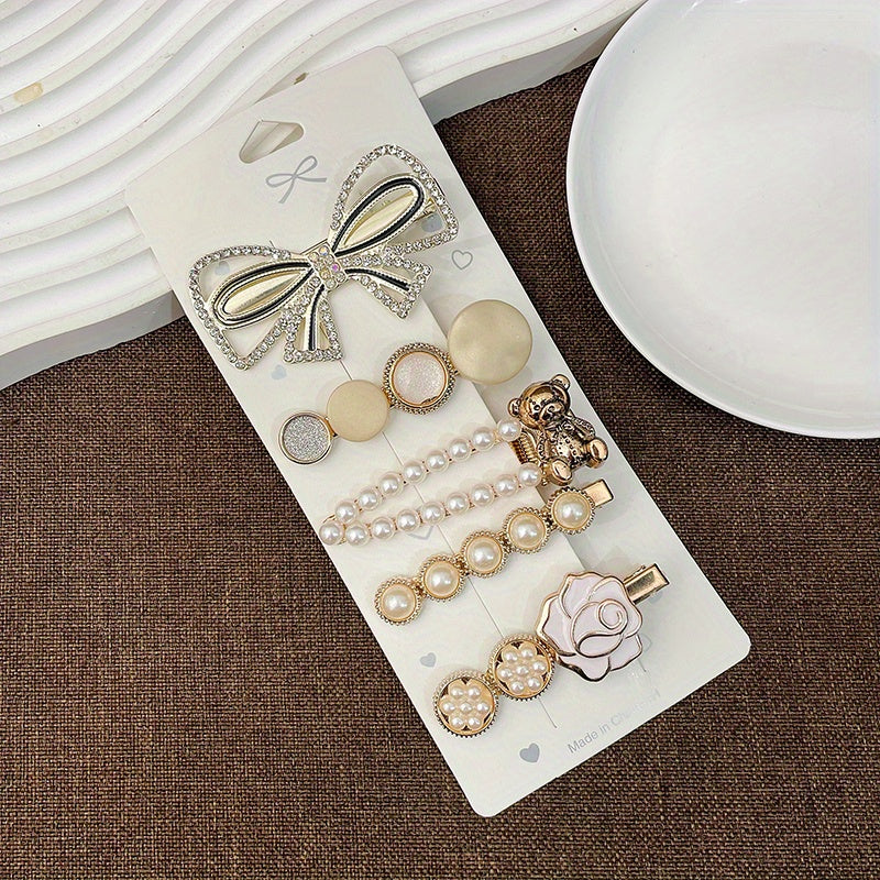 Faux Pearl Hair Clip Star Bowknot Duck Billed Clip Hollow Bear Hair Pin
