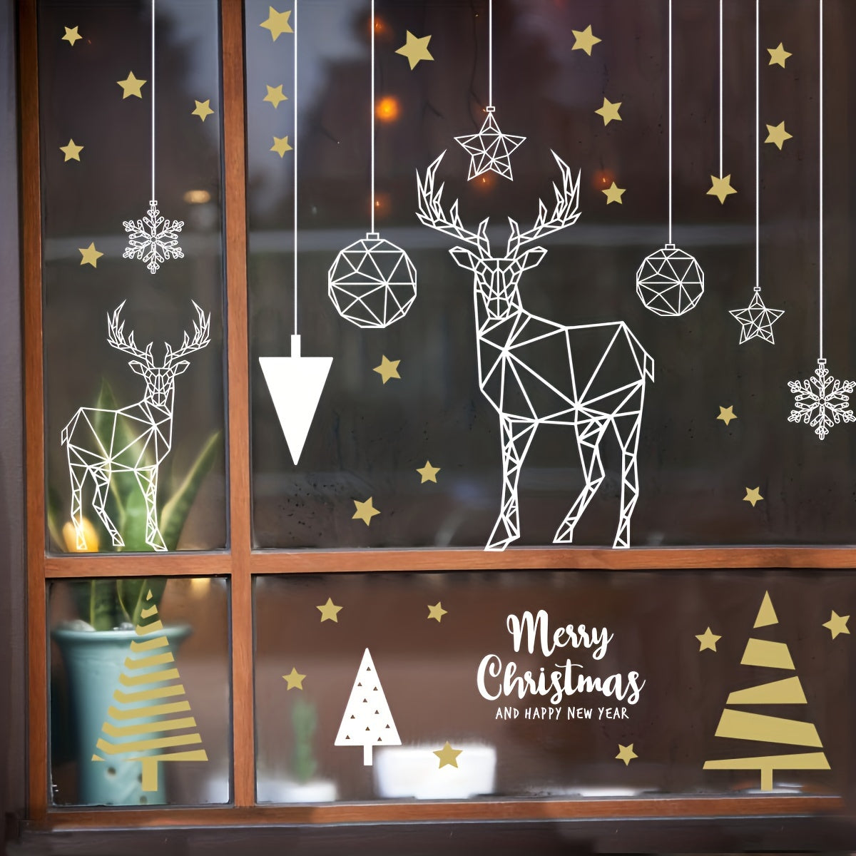 2pcs Christmas Geometric Shape Stickers: Tree Elk Adhesive Window Decals