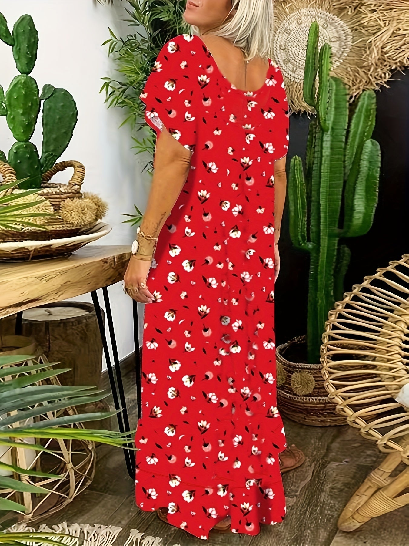  Boho Dress Floral Print V Neck Maxi Dress