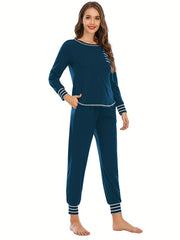Striped Print Lounge Set Long Sleeve Top & Elastic Waistband Pants