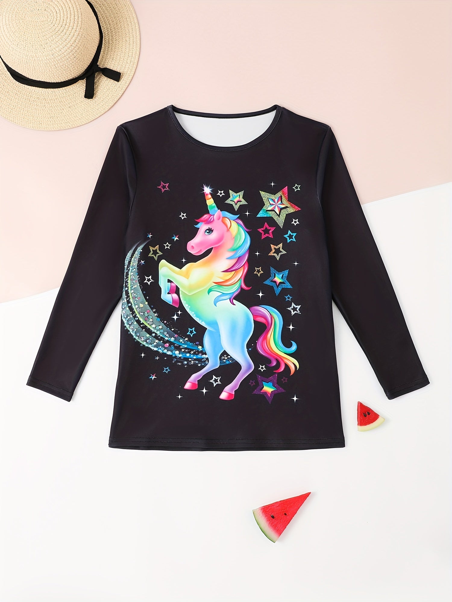 Girls Casual Unicorn Print Crew Neck Long Sleeve T shirt Spring Fall