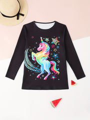 Girls Casual Unicorn Print Crew Neck Long Sleeve T shirt Spring Fall