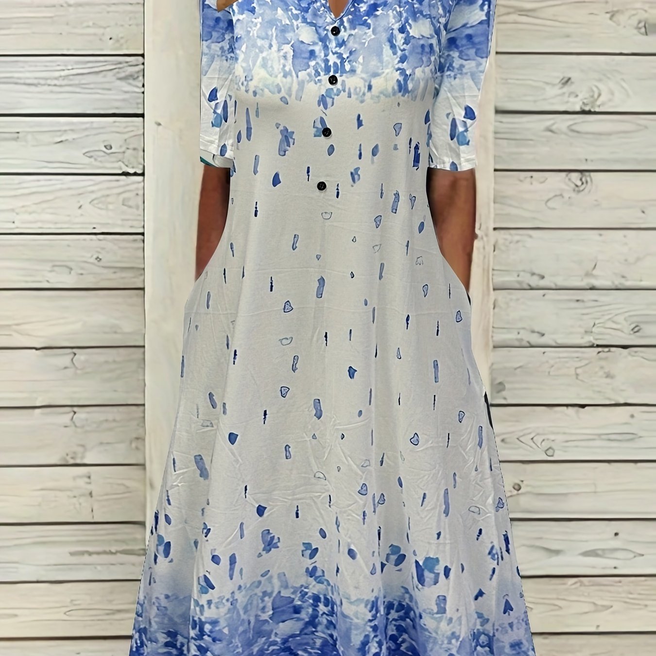  Floral Print Button Decor Short Sleeve Midi Dress