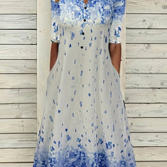  Floral Print Button Decor Short Sleeve Midi Dress