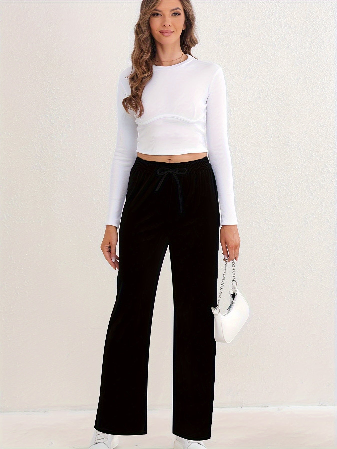 Elastic High Waist Sports Pants Wide Legs Stretchy Trousers
