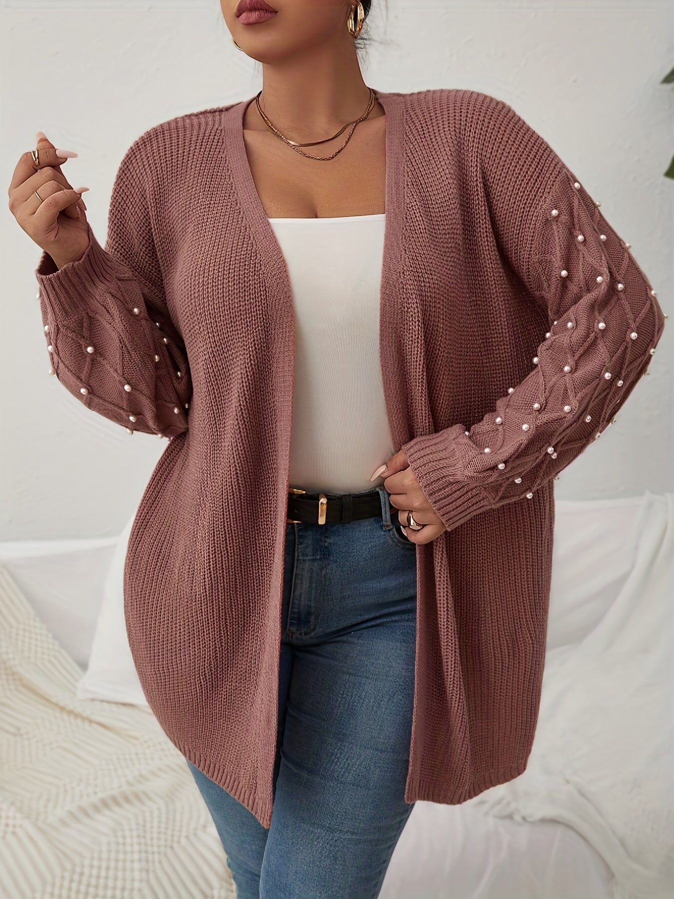  Solid Jacquard Faux Pearl Decor Lantern Sleeve Cardigan