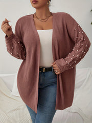  Solid Jacquard Faux Pearl Decor Lantern Sleeve Cardigan