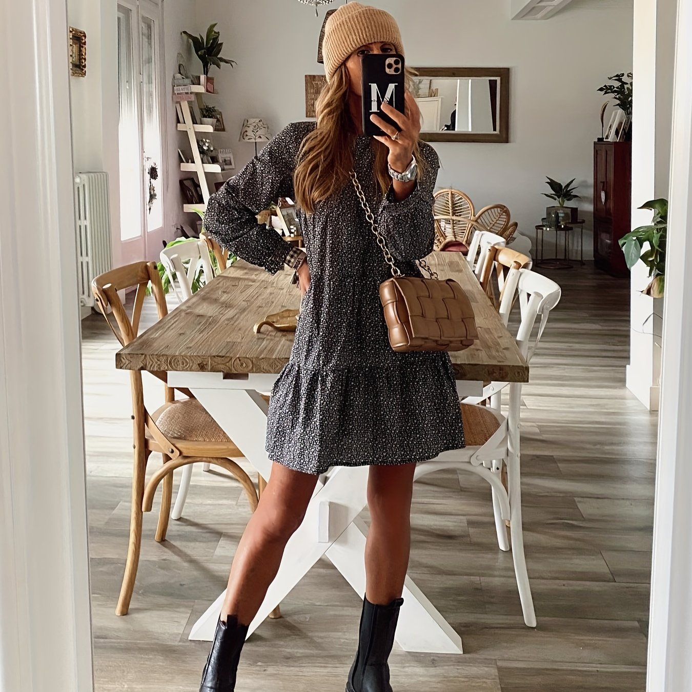 Women's Plus Ditsy Print Long Sleeve Round Neck Mini Smock Dress