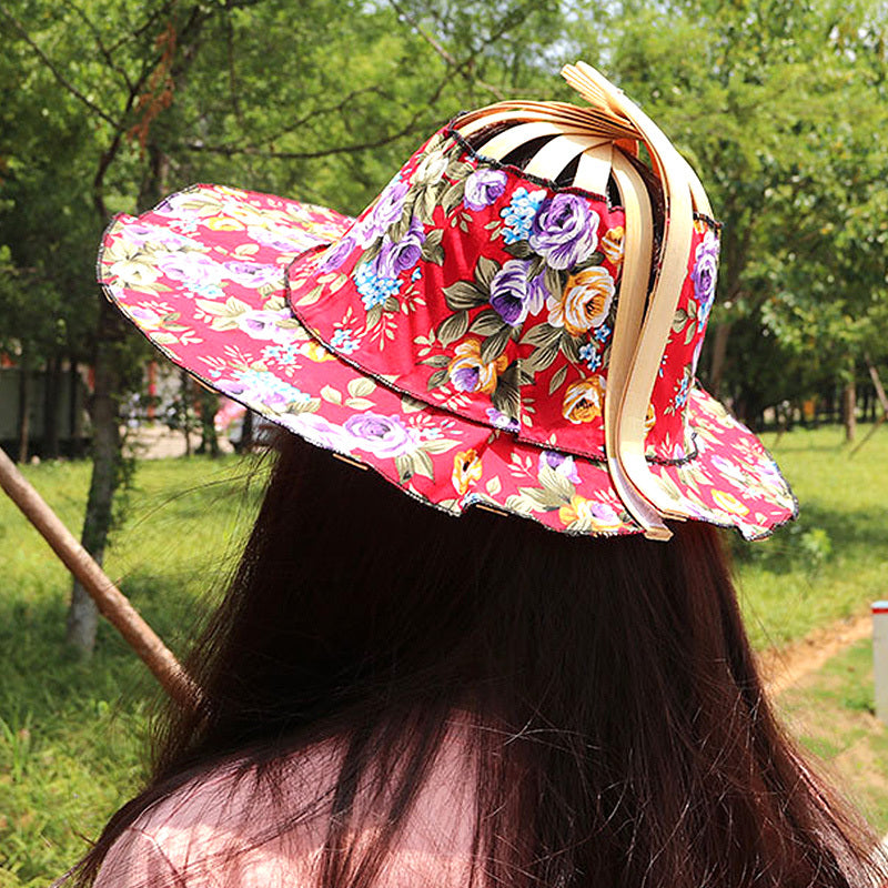 Vintage Floral Print Sun Hat, Bamboo Fan