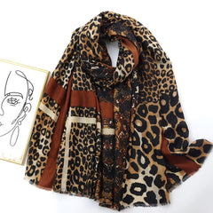 Leopard Pattern Thin Scarf Shawl Vintage Raw Edge Scarf Casual Wrap