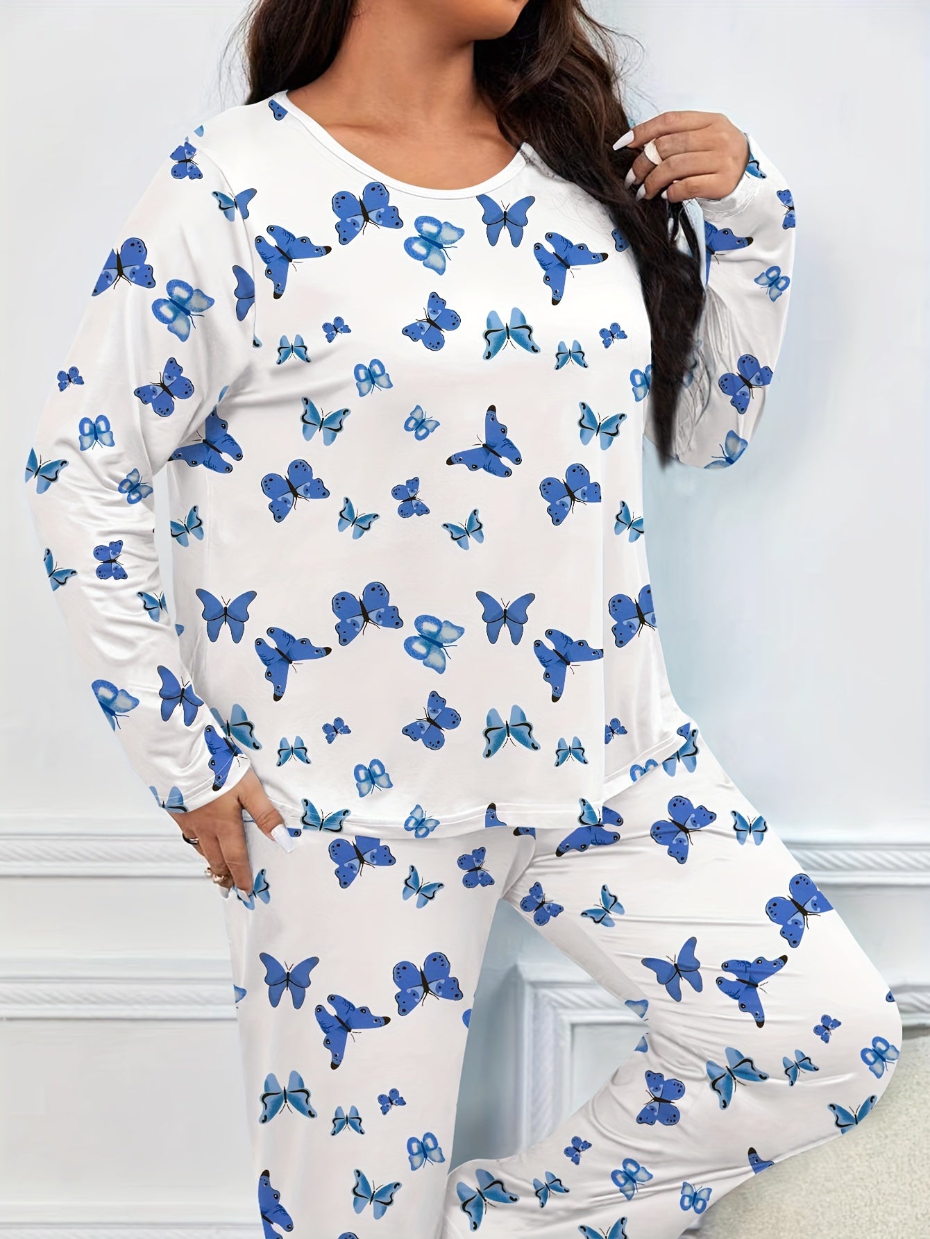 Butterfly Print Pajama Set Long Sleeve Tee & Pants Lounge 2 Piece