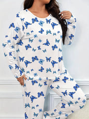  Butterfly Print Pajama Set Long Sleeve Tee & Pants Lounge 2 Piece