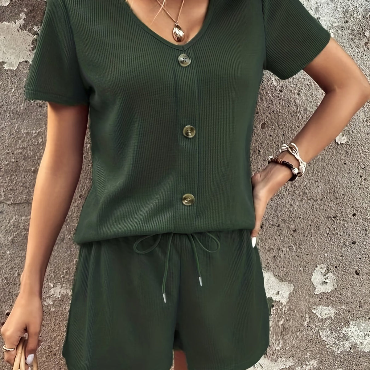  Solid V Neck Button Top & Tie Shorts Two Piece Set