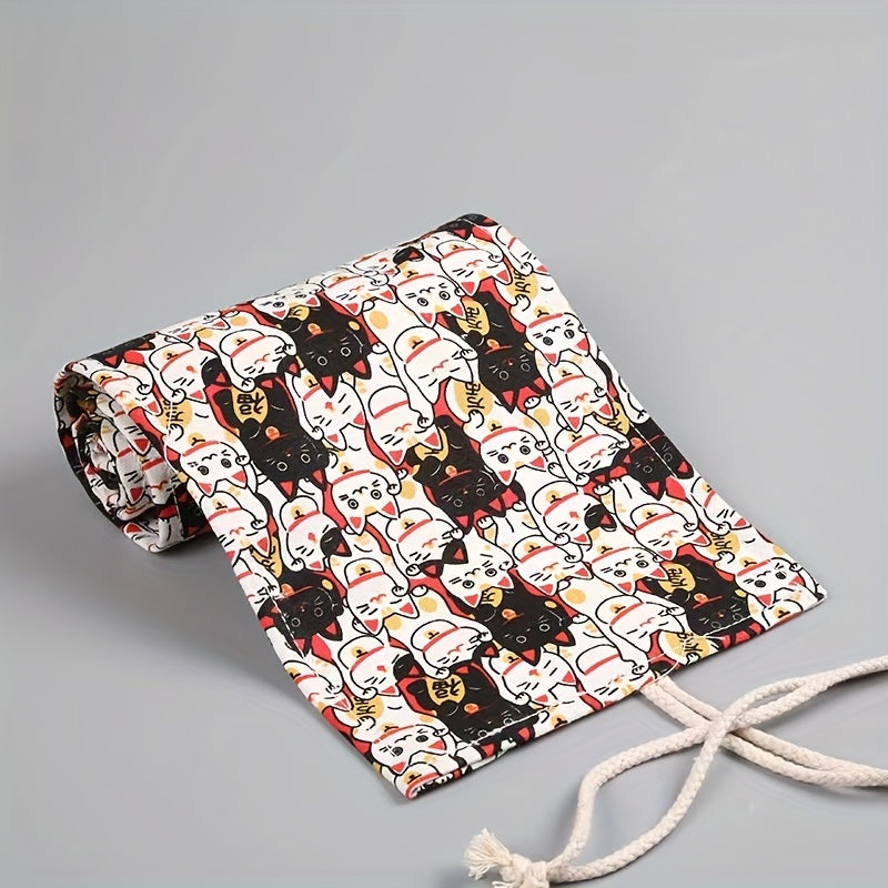 Lucky Cat Canvas Art Pen Curtain Pencil Case Large Capacity Storage Bag