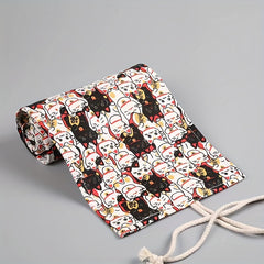 Lucky Cat Canvas Art Pen Curtain Pencil Case Large Capacity Storage Bag