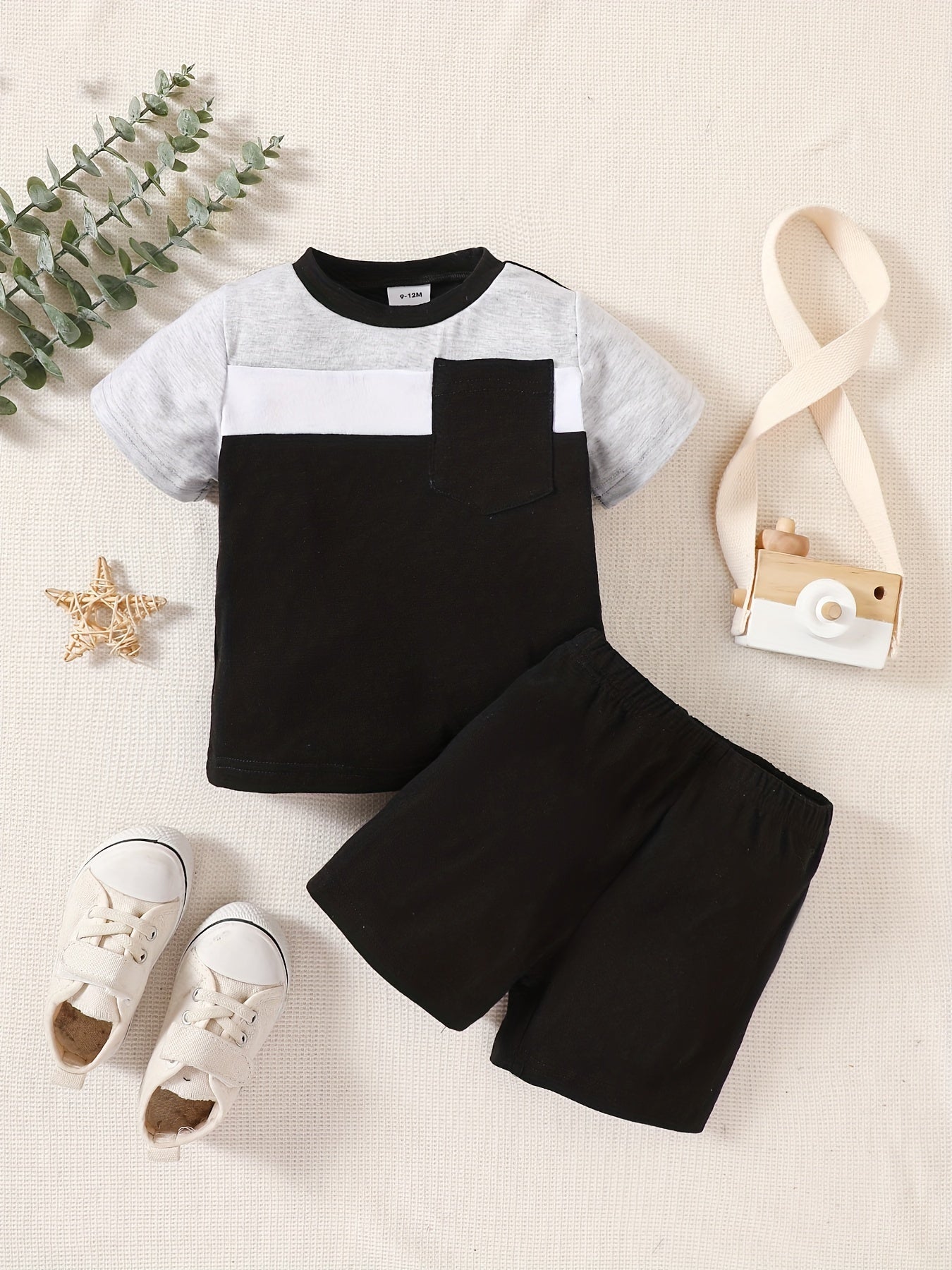 Boys Block Pocket T Shirt And Shorts Set for Summer
