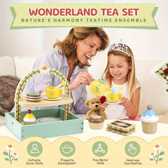 Wooden Tea Party Playset with Kitchen Accessories for Ages 3