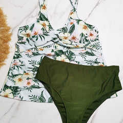  Floral Print Tankini Set Women's Cross Front V Neck Cami Top & Panty