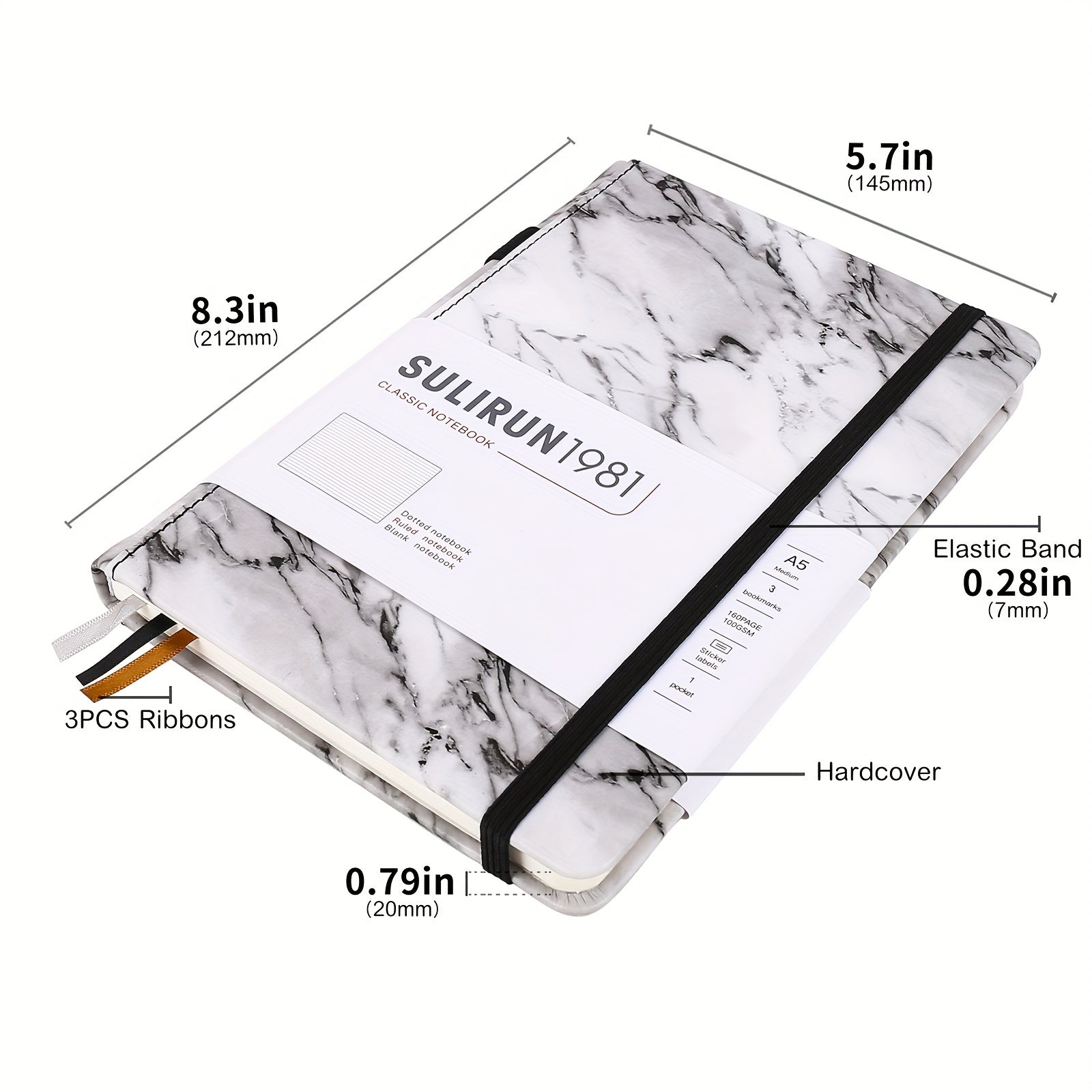 SULIRUN1981 A5 Grid Notebook 120gsm Thick Paper Elastic Tape Pen Insert
