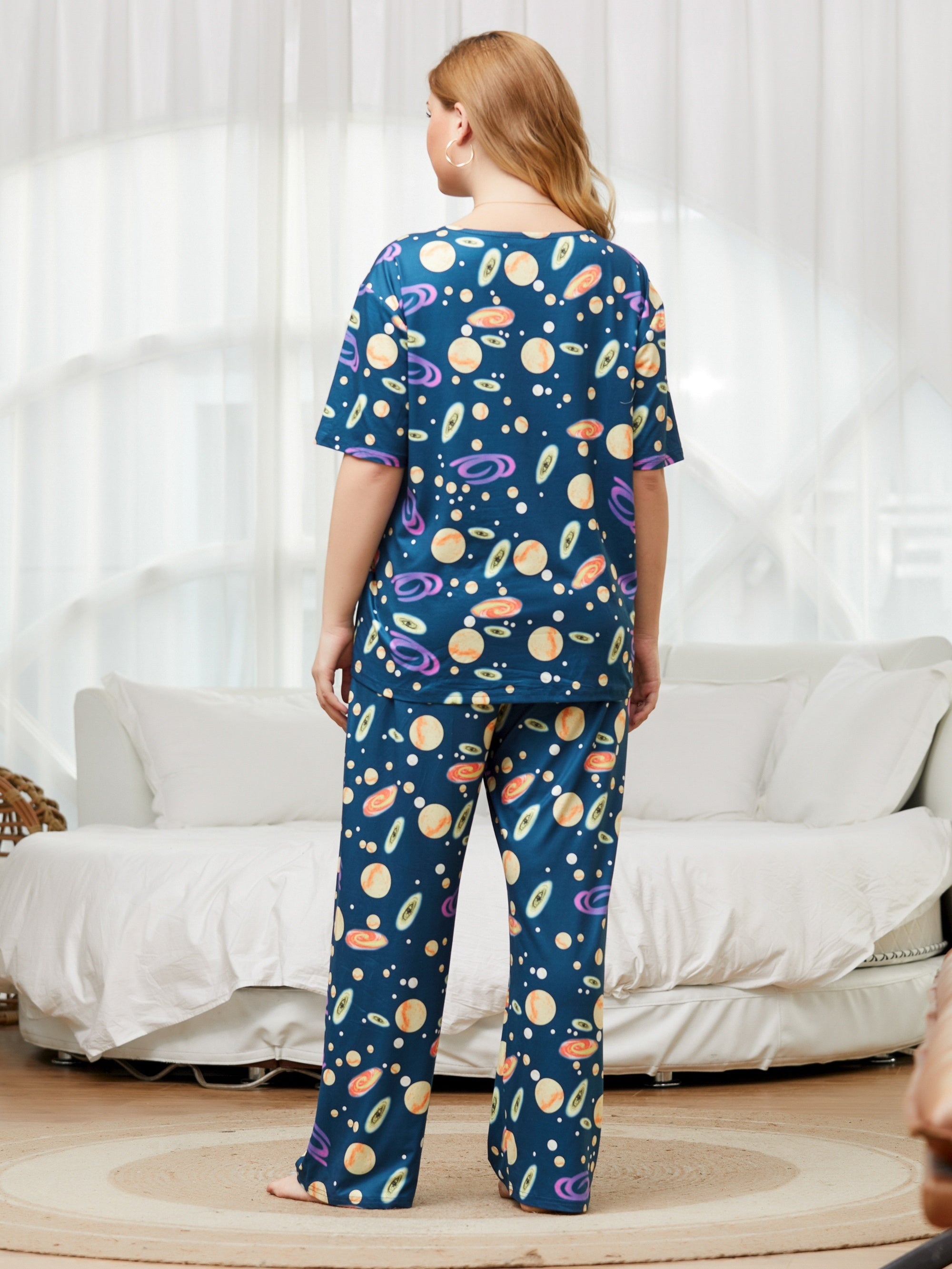  Planet Print Pajama Set Short Sleeve Top & Pants Two Piece Set