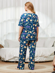  Planet Print Pajama Set Short Sleeve Top & Pants Two Piece Set