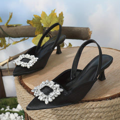 Women's Satin Kitten Heels Rhinestone Buckle Evening Dress Shoes