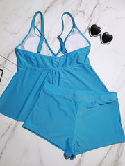  Tankini Set Women's Plus Solid V Neck Padded Cami Top & Boyshorts Swim