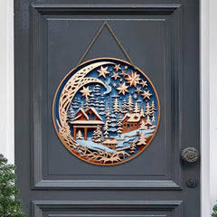 Xmas Door Hanging Starry Sky Village Night Scene Signboard Decoration