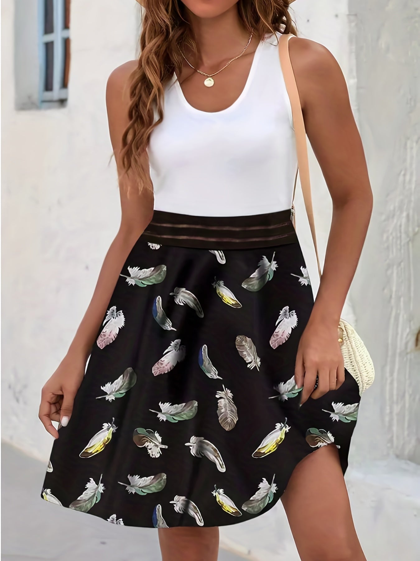  Colorblock Feather Print Tank Dress