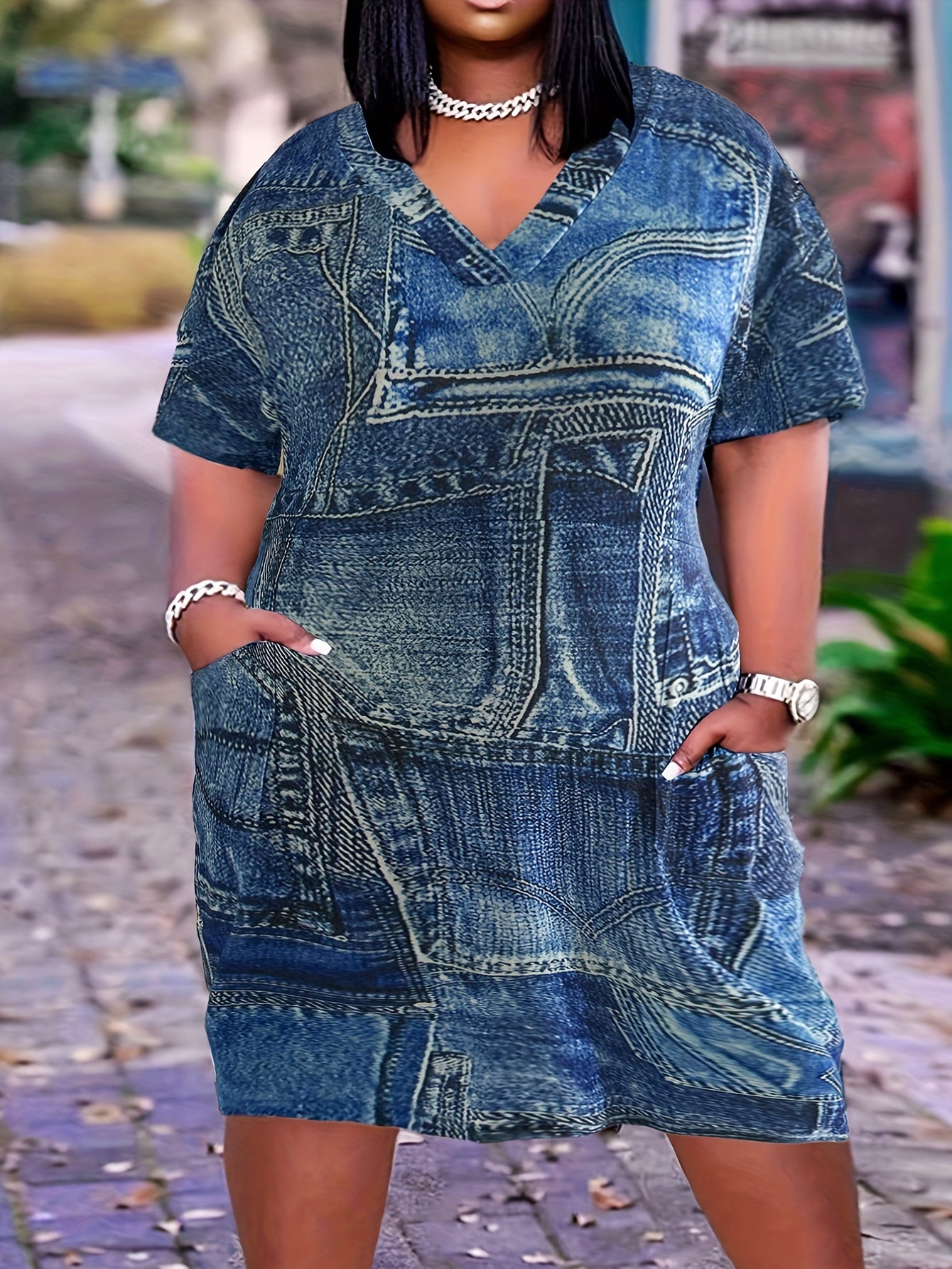 Casual Dress Women's Plus Letter & Figure Print V Neck Dress