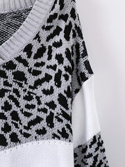  Colorblock Leopard Print V-Neck Sweater