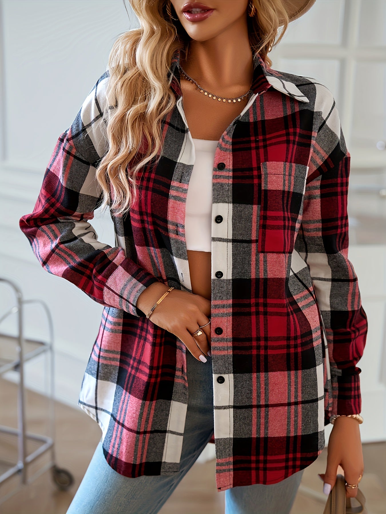  Plaid Print Long Sleeve Button Up Tunic Shirt Top
