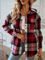  Plaid Print Long Sleeve Button Up Tunic Shirt Top